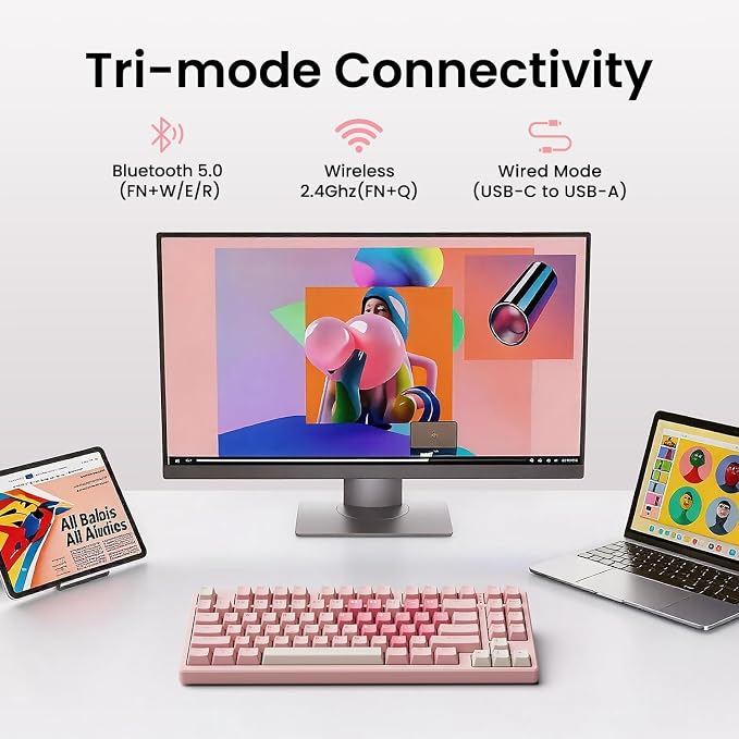 Kisnt KN85 Wireless Mechanical Keyboard, 75% Layout, Bluetooth/2.4GHz/USB-C, Custom RGB Backlit, Hot-Swappable Linear Switch, Creamy Sound for Gaming/Typing (Rose Pink) - Image 2