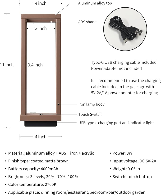 PUSU Cordless Waterproof Table Lamps Set of 2, Brown LED Outdoor Desk Lamp | Rechargeable 4000mAh Battery Operated, 2700K 3-Level Dimmable, Portable Lighting for Patio, Camping, Bedroom, Night Light - Image 5