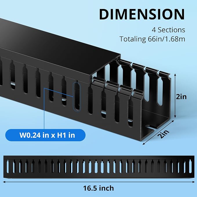 2" H x 2" W Cable Raceway, 66in Under Desk Wire Management Channel, Black | Slotted Wire Duct, 4Pack, 16.5in Each, Heavy-Duty PVC Cable Management for Server Racks, Network Cables & Electrical Cabinets - Image 2