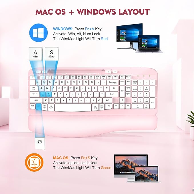 EAYBLLY 2.4G Wireless Ergonomic Keyboard, Full Size Wave Keys with Memory Foam Wrist Rest & 7.28in Phone Holder, USB-C Adapter Included for Windows Mac Chrome OS, Office or Home (Pink) - Image 9