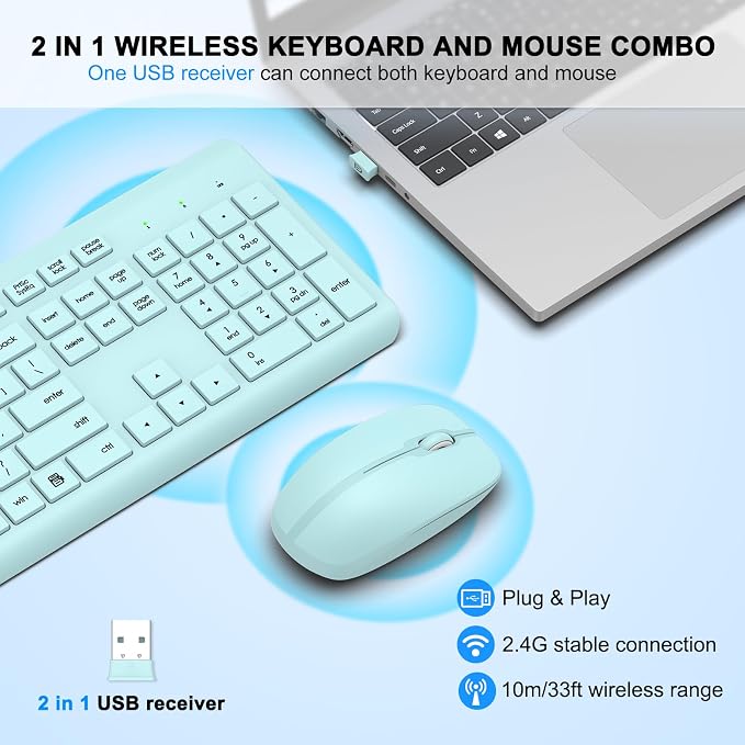Wireless Keyboard and Mouse Combo, Full-Size Silent Ergonomic Keyboard and Optical Mouse, Long Battery Life, 2.4G Lag-Free Mice Keyboard for Computer, Mac, Laptop, PC, Windows(Green) - Image 2
