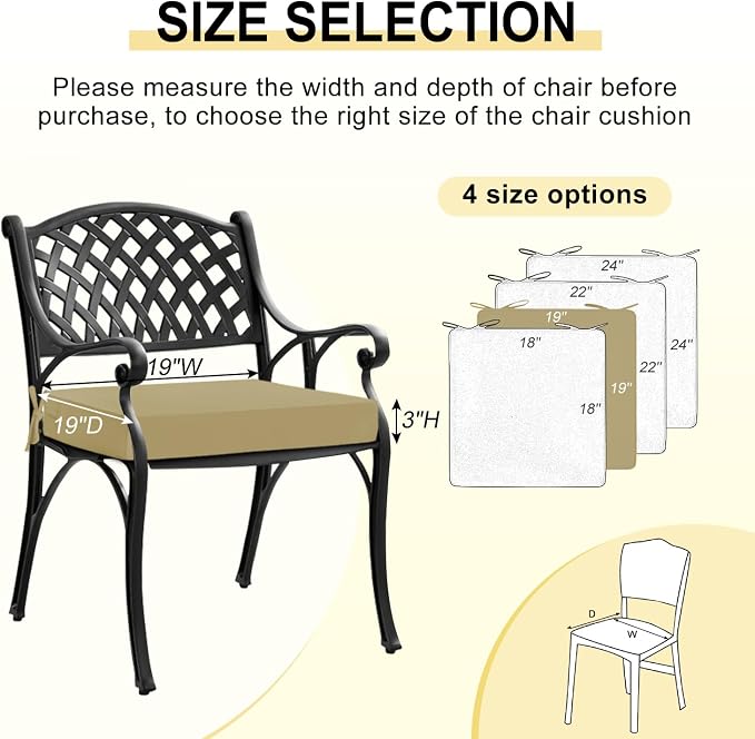 downluxe Waterproof Outdoor Chair Cushions Set of 4, 19" x 19" x 3" Patio Chair Cushion with Non-Slip Ties & Handle, Square Outdoor Cushion for Patio Furniture with Removable Cover, Khaki - Image 6