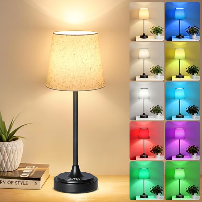 Wowag Cordless Table Lamp Rechargeable,5000mAh Battery Operated Desk Lamp,3 Colors & 7 RGB Stepless Dimmable,Touch Ambient Light for Bedside,Bedroom,Dining Room,Living Room,Black,FlaxenShade by Wowag