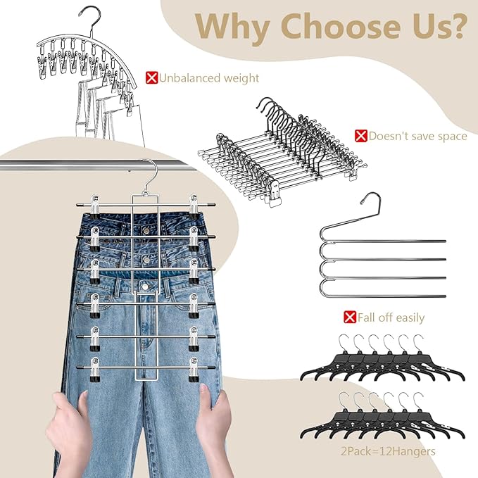 Pants Hangers with Clips,Space Saving Hanging Closet Organizer-6 Tiers Skirt Hangers with 360° Swivel Hook,Closet Organizer-Clothes Hangers- College Dorm Essentials Apartment Essentials- 6 Pack - Image 3