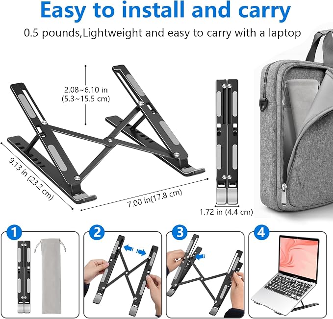 Laptop Stand for Desk, Aluminum Metal MacBook Stand, Computer Riser for Desk, Portable Foldable Adjustable Notebook Holder, Compatible with 10-15.6 Inch Laptops, iPad, Black. - Image 2
