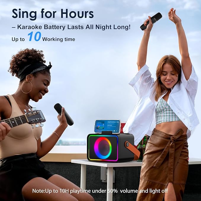 Karaoke Machine for Kids Adults,Portable Bluetooth Speaker with 2 Wireless Microphone with LED Lights, Karaoke Microphone with PA System Supports USB/TF/AUX,Gift for Party (Black) - Image 7