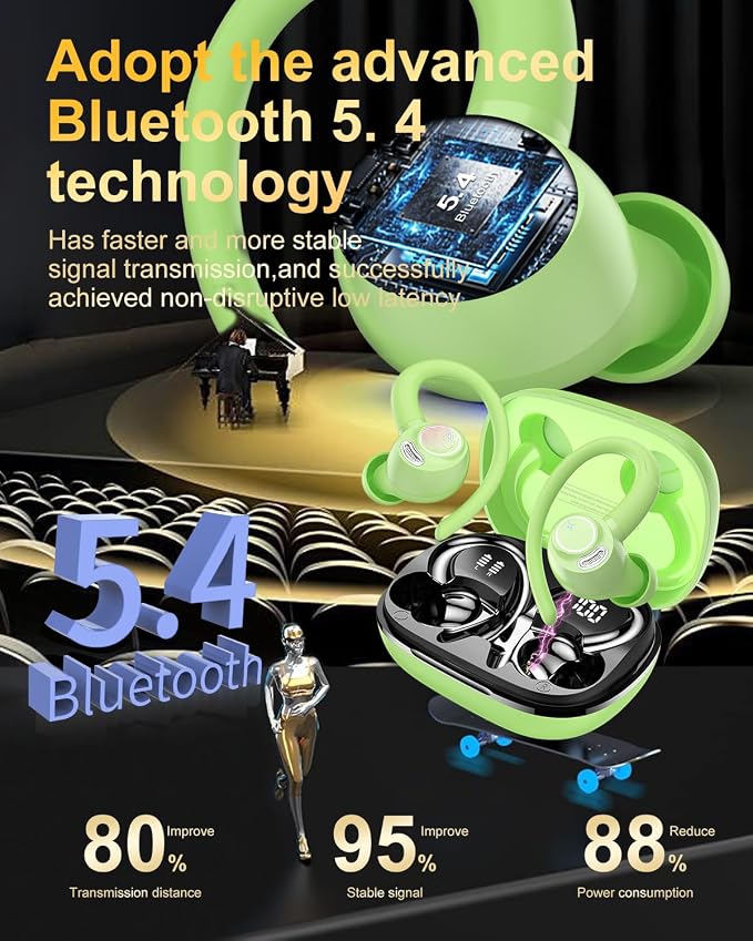 Wireless Earbuds, Bluetooth 5.4 Headphones Sport Over Ear Buds with ENC Mic | Noise Cancelling Mic,48H, Wireless Earphone With Earhooks, Stereo Deep Bass, IP7 Waterproof ear bud for Workout Running,Green - Image 3