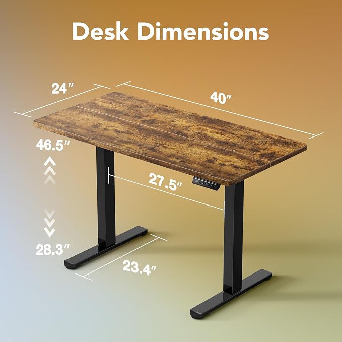 HUANUO 40x24 Inch Electric Standing Desk, Height Adjustable, Rustic Brown | 176 Lbs Capacity, Smooth Home Office Desk, 4 Memory Presets & Headphone Hooks, 28.3–46.5 Inch Height Range, Easy to assemble - Image 3
