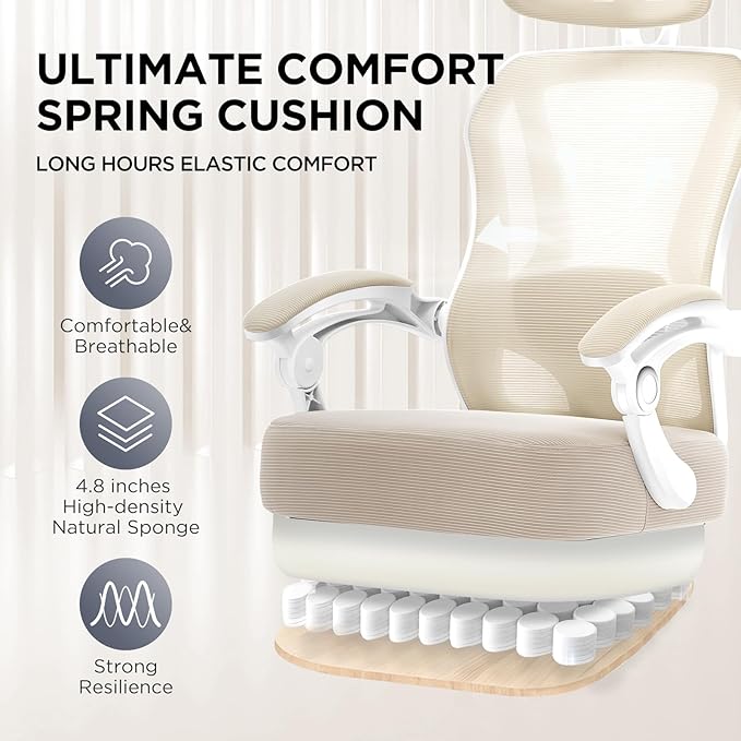 Ergonomic Office Chair with Footrest,Ultra Thick Desk Chair,Cream | 150°Reclining,Mesh High Back,Adjustable 2D Lumbar Support and Headrest,4.8" Spring Cushion,Premium Computer Chair for Adults - Image 4