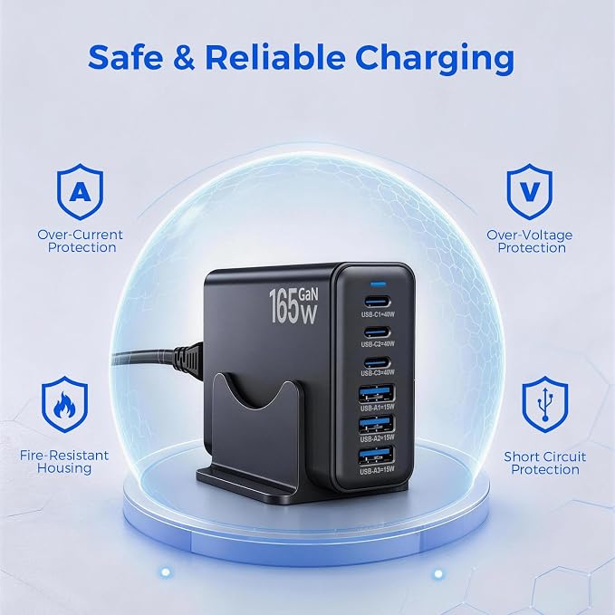 165W GaN Charging Station, 6-Port USB C & USB A Charger, Black | 165W GaN, 6-Port USB Charging Station, 3x40W USB-C + 3x15W USB-A, ABS+PC, Charge 6 Devices, Home Office Travel - Image 5