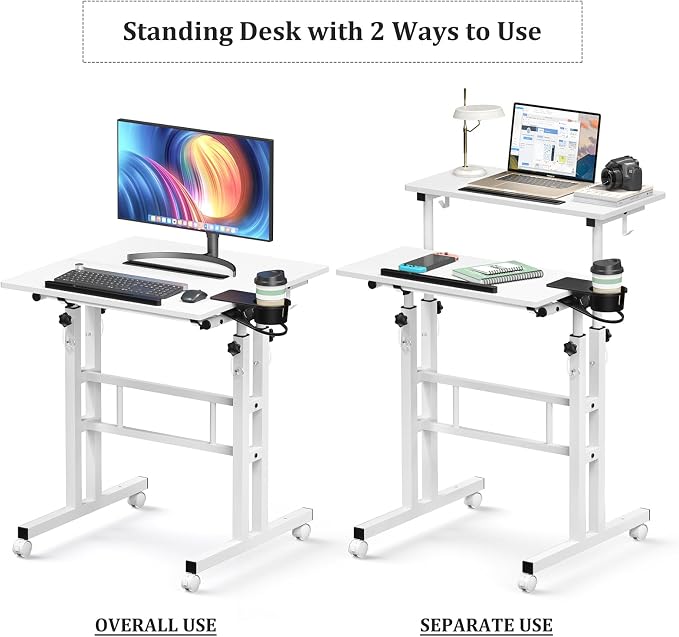 Enayplon Small Standing Desk with Wheels, Mobile Stand Up Desk, Portable Standing Table on Wheels for Walking Pad, Rolling Computer Desk Adjustable Height, Tall Table - Image 9