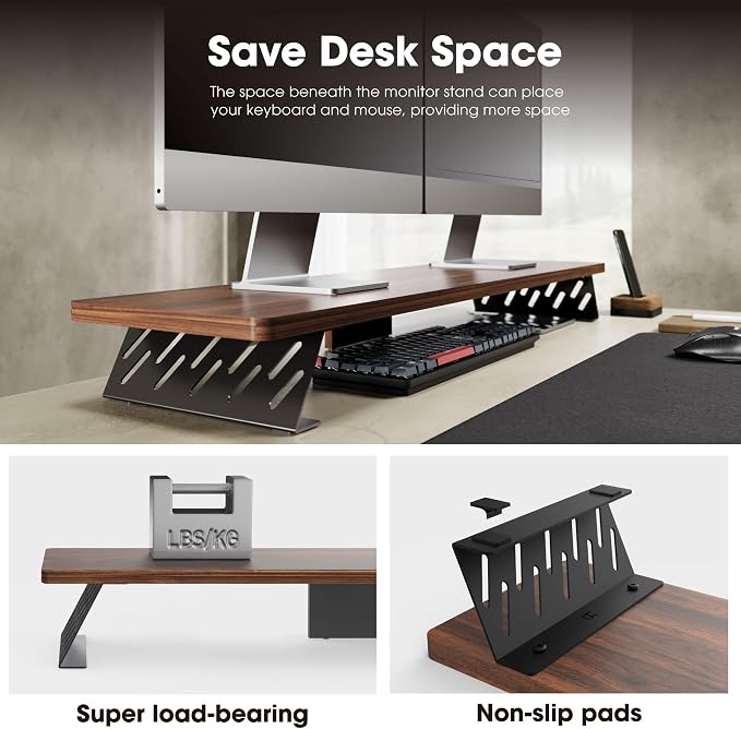 Fenge Monitor Stand Riser, Wooden & Metal Desk Shelf Organizer, Brown | 42.5 Inch Dual Monitor Riser for 2 Monitors, Multifunctional Monitor Shelf for Laptop, PC, Printer - Image 6