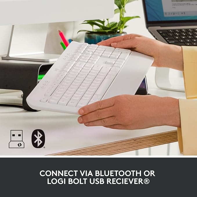Logitech Signature K650 Comfort Full Size Wireless Keyboard - Off White | BLE Bluetooth or Logi Bolt USB receiver, deep-cushioned keys, integrated numpad, compatible with most OS, PC, Windows, Mac - Image 4