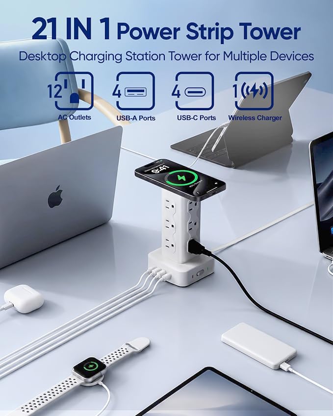 Power Strip Tower Surge Protector(2000J), PD65W Charging Station Tower with 12 AC Outlets & 8 USB Ports (4 USB C), 6FT Extension Cord for Home Office Dorm, White - Image 4