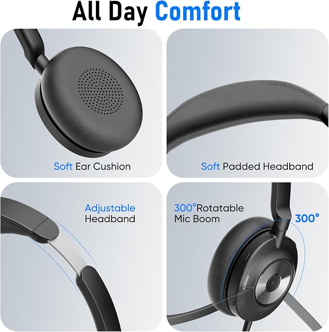 USB Headset with Microphone for PC, Active Noise Cancelling Headphones with ENC Noise Cancelling Mic, Wired Office Computer Headset with Mute for Call Center, Teams, Zoom - Image 6