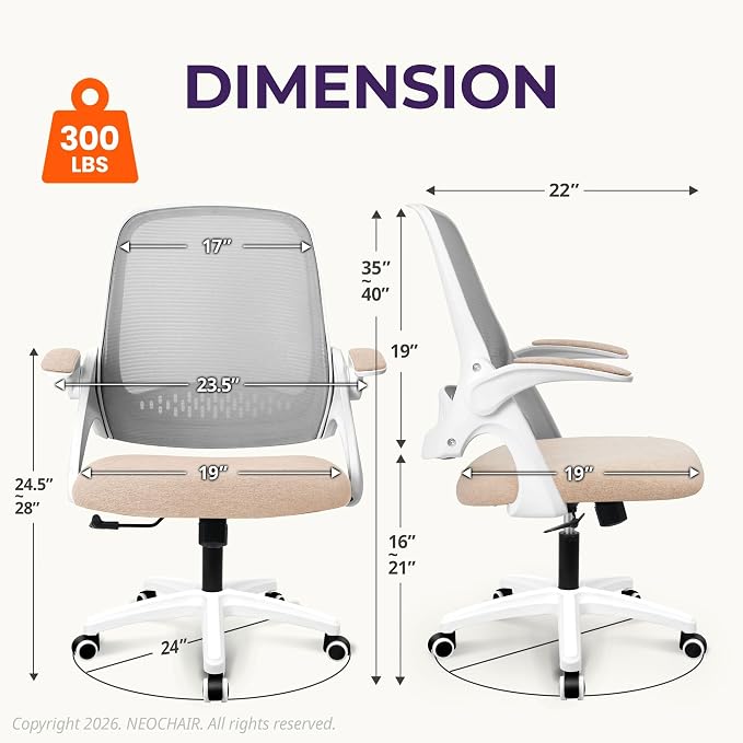 NEO CHAIR Office Desk Chair, Ergonomic Mesh with Flip-Up Armrests, Beige | Lumbar Support, Height Adjustment, 360° Swivel and Rolling Base, Space-Saving Design for Home Office, Vanity or Study - Image 2