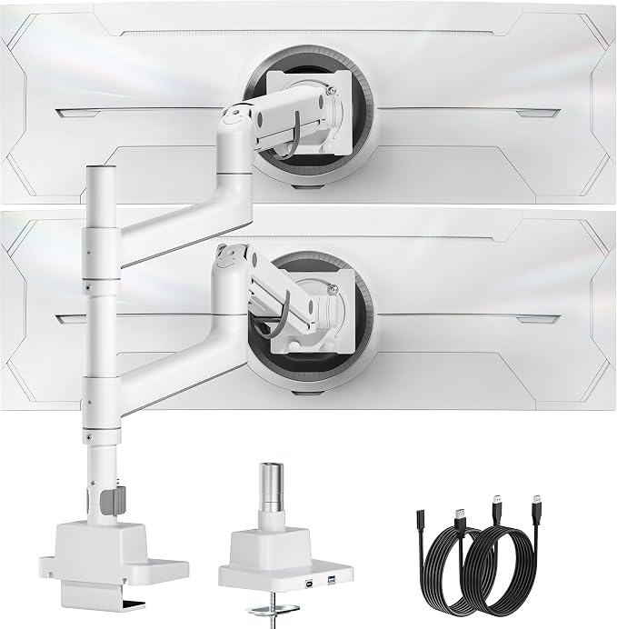 monTEK Dual Monitor Arm, Vertical Stackable 57", Heavy Duty with USB White | Vertical Stackable Gas Spring Arm For 17–57" Ultrawide Monitors,Up To 59.4 Lbs Each, 75/100 VESA Mount with USB 3.0A/C by monTEK
