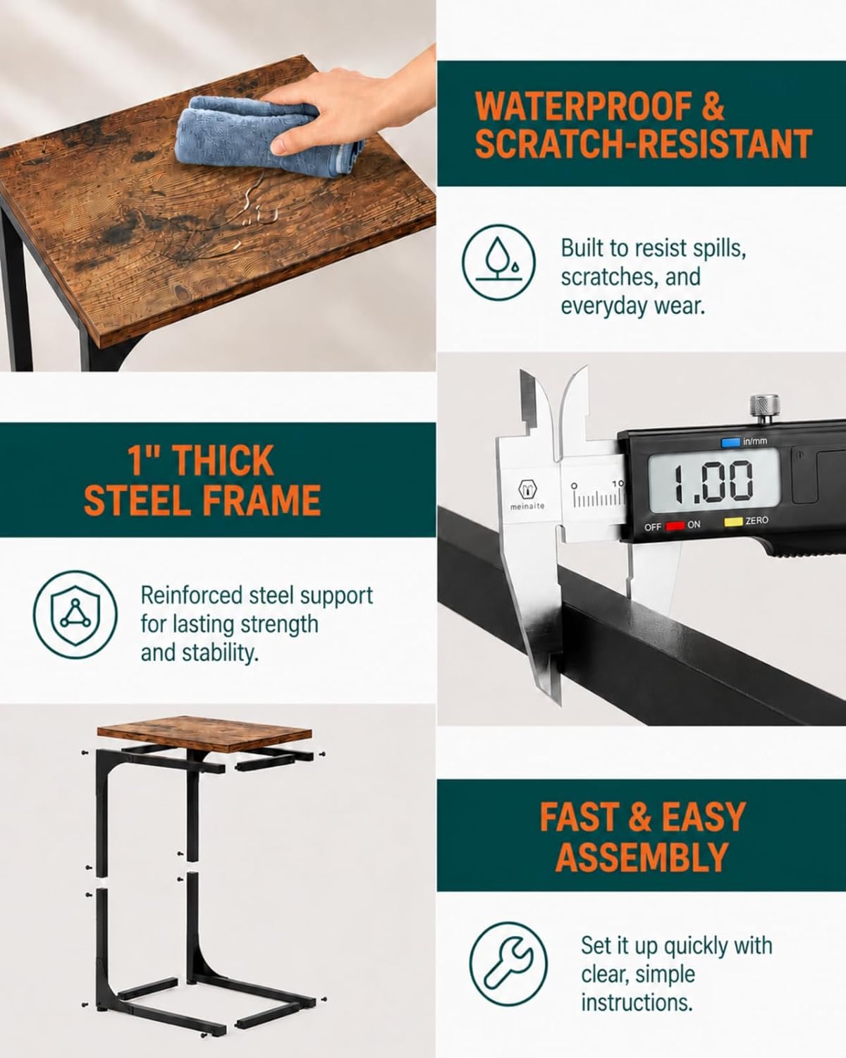 C-Shaped Side Table for Couch - Small Coffee Stand Sofa Tray Desk with Metal Frame and Waterproof Scratch Resistant, Modern End Accent for Living Room, Bedroom, Small Spaces, Rustic Brown - Image 3