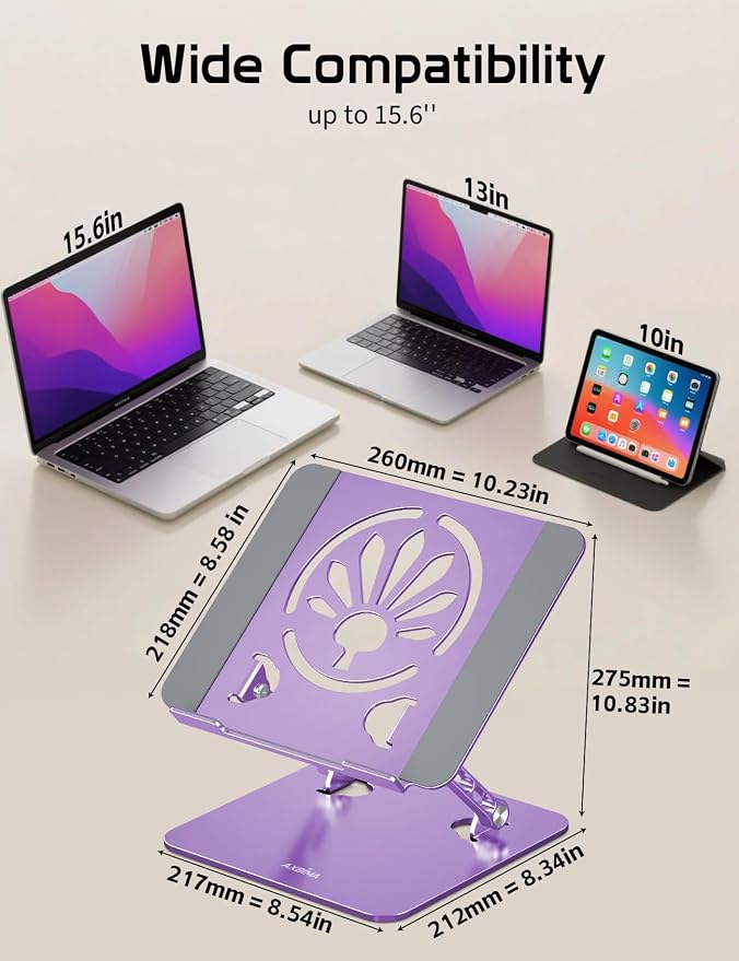 Adjustable Aluminum Laptop Stand for Desk,Ergonomic Riser, Purple | Open Ventilated Design, Fits MacBook Pro/Air & 10"-16" Laptops, Stable Support for Office, Home & Travel - Image 6