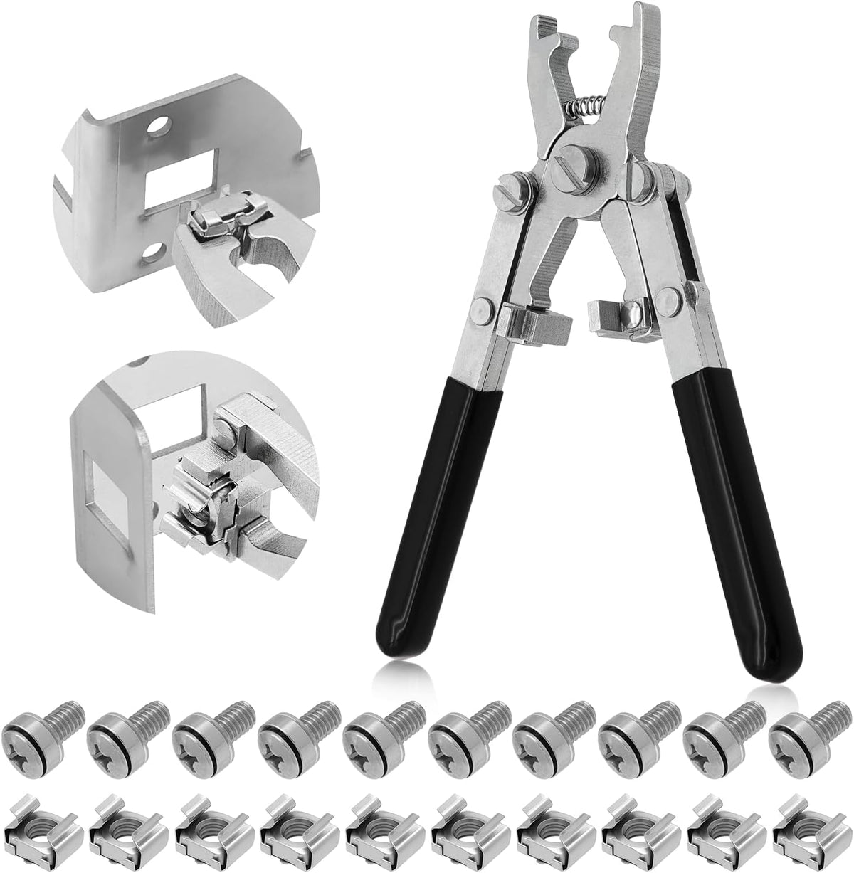 Rotable Dual Head Cage Nut Tool Kit with 10 Sets M6 Silver Rack Mount Screws - Screw Install and Remove Tool for M4 M5 M6 M8 M10 - Screw Tool Kit for Server Rack, Network Cabinet, Data Center(Black) by GuanDaooL