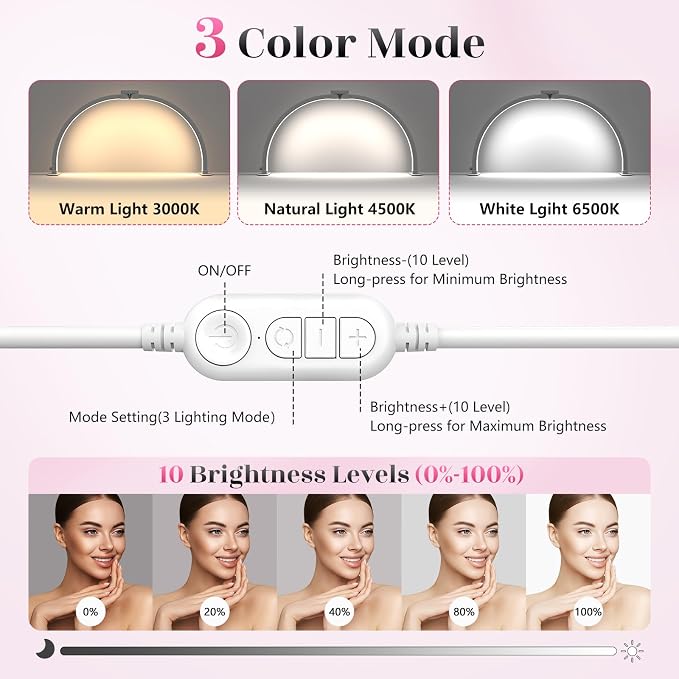 Yokilly Half Moon Light for Nail Desk: 29" Foldable Nail Light for Desk | Arch Nail Tech Light with Phone Holder for Beginner - 3 Color Modes & 10 Brightness for Manicure Salon-White - Image 3