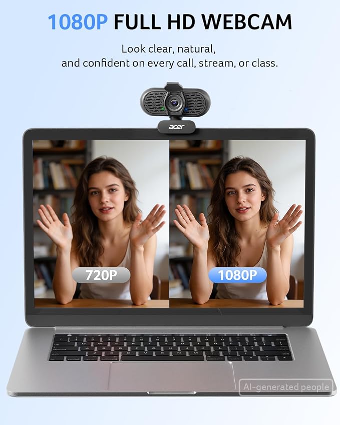 Acer 1080p Webcam USB Plug and Play Webcam for PC with Noise Cancellation Microphones Computer Camera for Desktop Streaming Gaming Online Meeting Wide Angle Privacy Cover A-to-C Adapter Easy Setup - Image 2