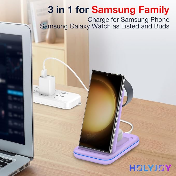 Multi Charger for Samsung, Foldable Charger ONLY for Galaxy Watch Ultra/7/6/5/4/3/Active 2, Travel 3 in 1 Fast Charging Station/Dock for Samsung S24/S23/S22/S21/S20/Note 20, for Buds 3/2 Pro(Violet) - Image 5