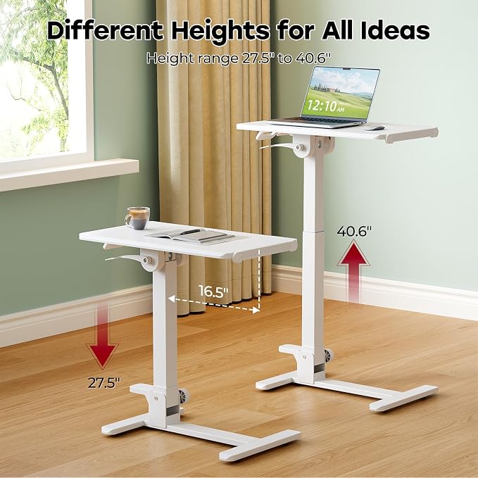 27" Foldable Mobile Standing Desk, No-Assembly Needed, White | Portable Computer Workstation for Small Space, Collapsible Standing Desk with 90° Tiltable Desktop for Storage - Image 3