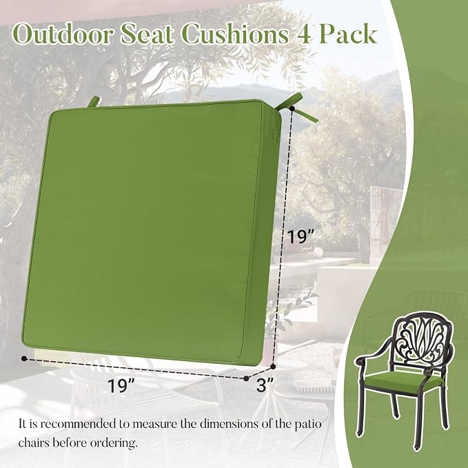 Basic Beyond Outdoor Chair Cushions for Patio Furniture, Waterproof Outdoor Seat Cushions Set of 4 19 x 19, Patio Chair Cushions Set of 4 with Ties and Handle, Grass Green - Image 6