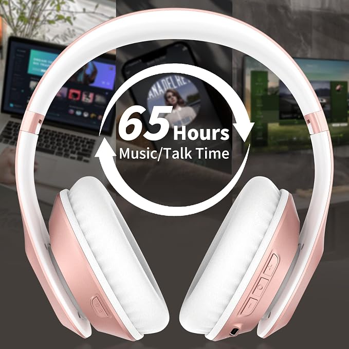 Wireless Bluetooth Headphones Over Ear 65H Playtime HiFi Stereo Headset with Microphone and 6EQ Modes Foldable Bluetooth V5.3 Headphones for Travel Smartphone Computer Laptop Rose Gold | 65H Playtime 6EQ Modes Foldable Bluetooth Headset with Microphone... - Image 3