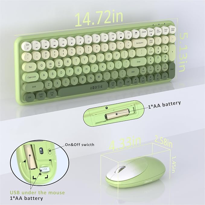 UBOTIE Wireless Keyboards and Mouse Combo (Green Gradient) | Colorful Gradient Rainbow Color Retro Typewriter Flexible Keyboard, 2.4GHz Connection and Optical Mouse for PC Wins Mac - Image 6