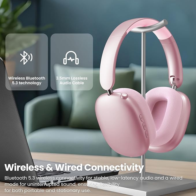 Wentronic Y01 Wireless Noise Canceling Headphones Bluetooth 5.3 Over Ear Headphones with Microphone, Hi-Res Audio, 48H Playtime, Foldable Comfortable Earpads,Compatible with iOS,Android,PC, Pink - Image 8