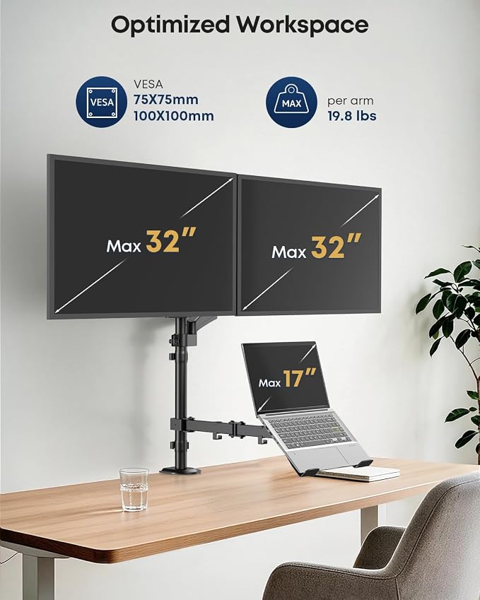 Dual Monitor and Laptop Desk Mount fits 17-32 Inch with Gas Spring | Full Motion, Extra Long Pole, 19.8 lbs Per Arm, Adjustable Stand, C-Clamp & Grommet, VESA 75/100 mm, Black - Image 2
