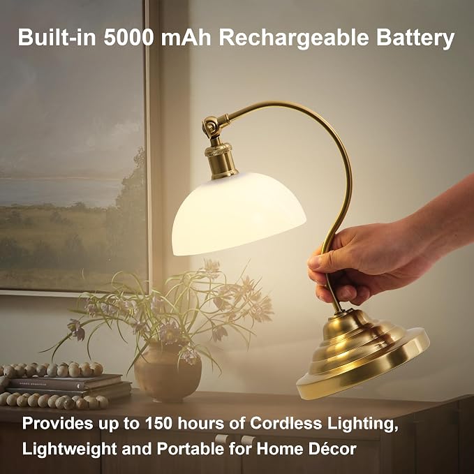 KARTOOSH Cordless LED Table Lamp Set of 2, Battery Operated Desk Lamps with Swing Arm & Plastic Shade, Vintage Small Rechargeable Dimmable Light for Bedroom, Living Room, Nightstand, Brass/White - Image 8