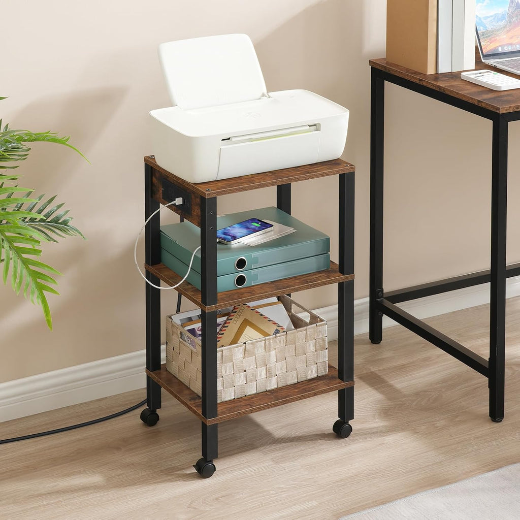 HOOBRO 3-Tier Printer Stand with Charging Station, Under Desk Printer Table, Printer Cart with Storage Shelves, Shelf for Small Spaces, for Home Office, Rustic Brown and Black BF63UPS01 - Image 5