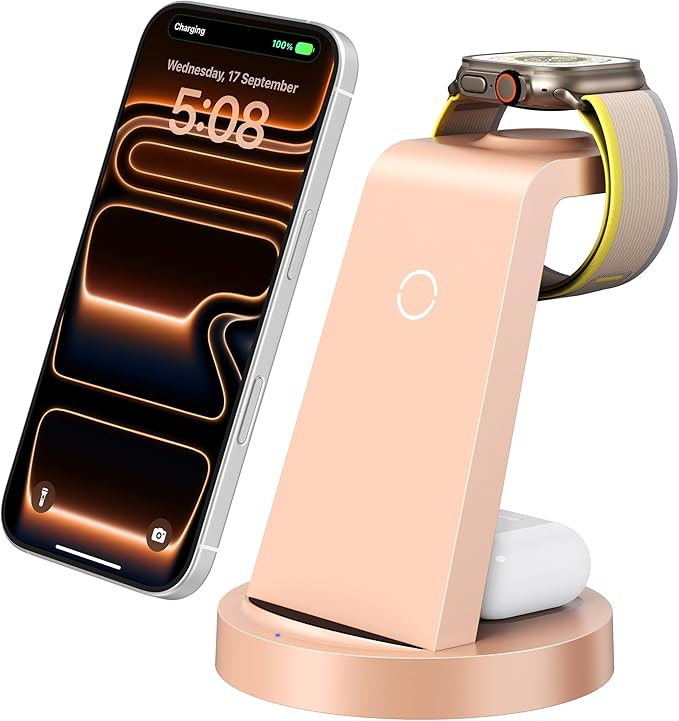 Anlmz 3 in 1 Charging Station for iPhone, Wireless Charger for iPhone 17 16e 16 15 14 13 12 11 X Pro Max & Apple Watch - Charging Stand Dock for AirPods (Rose) - Image 8