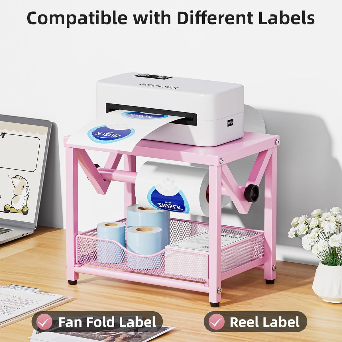 Marbrasse Label Holder for Rolls and Fanfold Labels, Metal Thermal Label Printer Holder with Drawer, Shipping Label Stand,Sticker Roll Holder for Home, Office, Small Business,Pink - Image 4