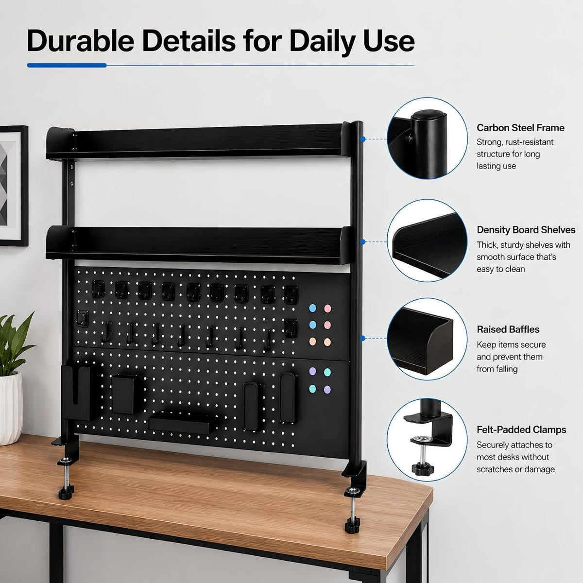 Clamp-On Desk Hutch with Pegboard, 39.5 x37.5in 2-Tier Desktop Organizer Shelf, Carbon Steel Frame with 2 Shelves and Pegboard Storage, for Office, Dorm, Study - Image 6