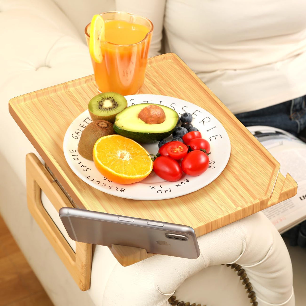 Couch Arm Tray Table Sofa Arm Clip, Armrest Tray Table Suitable for Home Drinks/Fast Food/Fruit Etc, Large Size Multi-Function Natural(Dual Phone/Tablet Holder) - Image 8