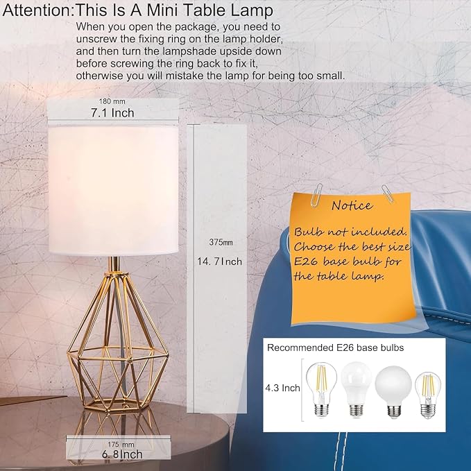 Gold Small Table Lamp Set of 2, Modern Bedside Nightstand Lamps with Geometric Metal Base White Fabric Shade, Cute Desk Lamp for Living Room Bedroom - Image 2