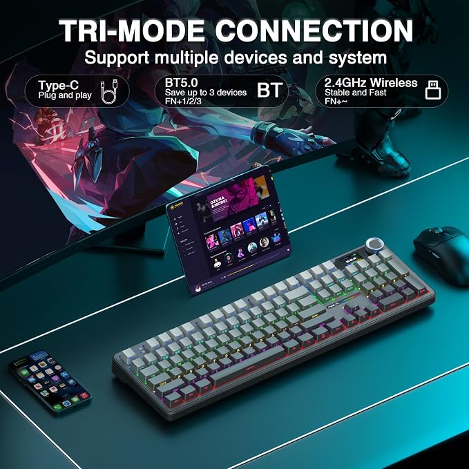 AULA F108 PRO - Wireless Mechanical Keyboard with Screen & Knob,Full Size Keyboard with 8000mAh Battery,Pre-lubed Switches,Side Printed PBT Keycaps,RGB Backlit Hot Swappable Custom Gaming Keyboards - Image 4