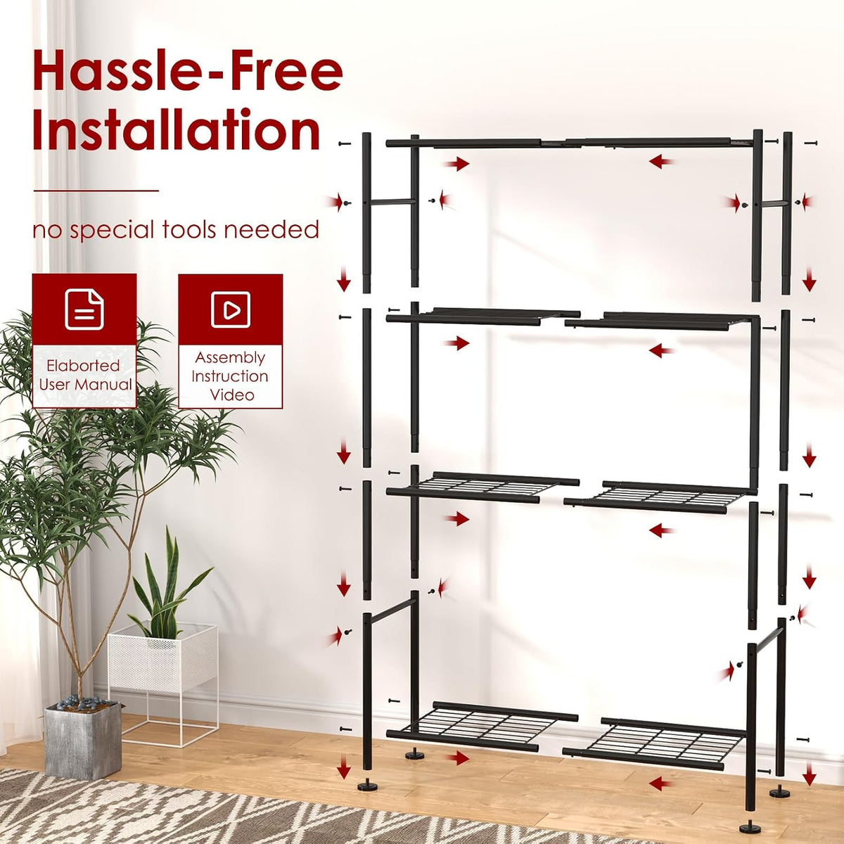 Storage Shelves - 4 Tier Shelf Organizer, Heavy Duty Garage Shelving Unit with Leveling Feet, Stable Metal Shelves Organizer for Pantry, Kitchen and Closet, 33.0" W x 12.6" D x 57.2" H, Black - Image 7