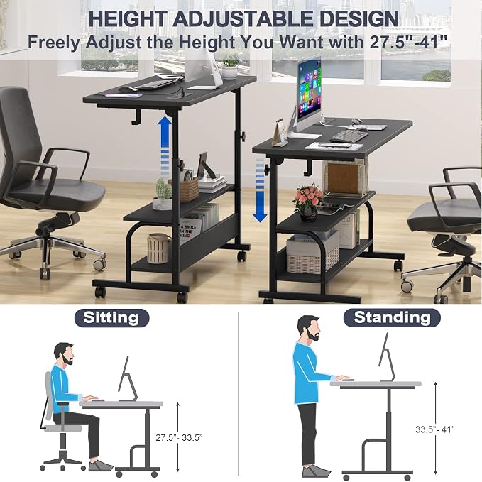 39" Rolling Standing Desk with Charging Station for Couch Bed | Height Adjust 27.5-41", 2 AC/3 USB, Mobile 4 Lockable Wheels, 2-tier Shelves Hook, Safe Corner Fast Assembly - Image 3