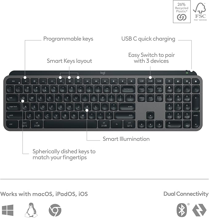 Logitech MX Keys S Wireless Keyboard Low Profile Fluid Precise - Graphite | Fluid precise quiet typing, programmable keys, backlighting, USB C rechargeable, for Windows PC, Linux, Chrome, Mac - Image 6