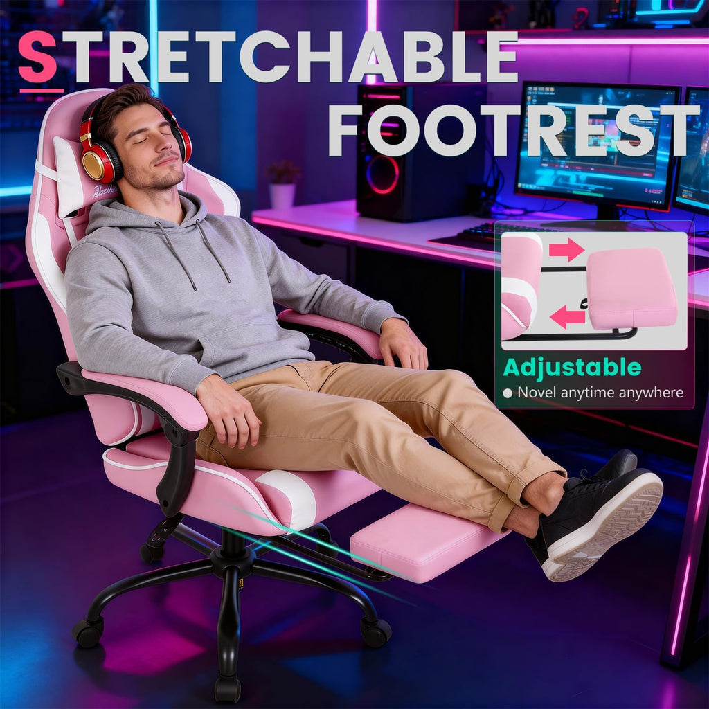 Gaming Chair Office Chair Desk Chair with Footrest Lumbar Support Headrest Armrest Task Rolling Swivel Ergonomic E-Sports Adjustable PC Gamer Chair(Pink) - Image 7