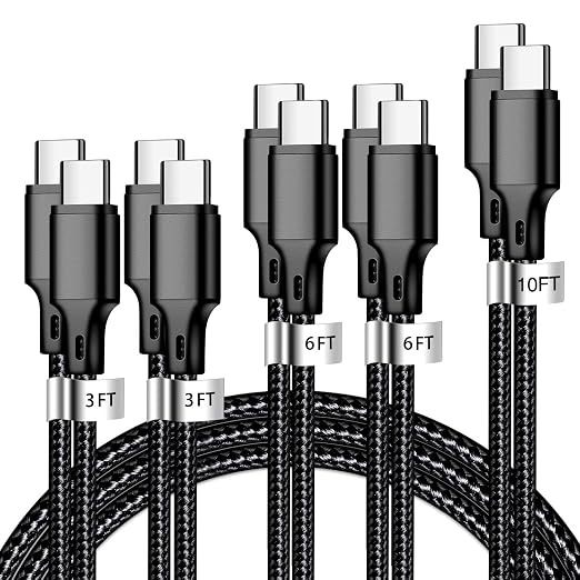 USB C to USB C Cable, 5 Pack Type C Fast Charger Cord (Black) | 3/3/6/6/10ft Nylon Braided Data Transfer Wire for iPhone 17/16/15 Plus/Pro Max iPad Air Ps5 Controller Samsung Galaxy by CUGUNU