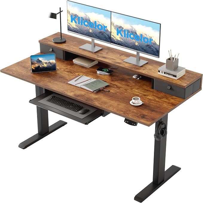 Klicelor 55 x 24 Inch Electric Standing Desk with Drawers and Keyboardtray, Adjustable Height Small Sit Stand Desk for Home Office, Compact Computer Workstation with Storage- Rustic Brown by Unknown