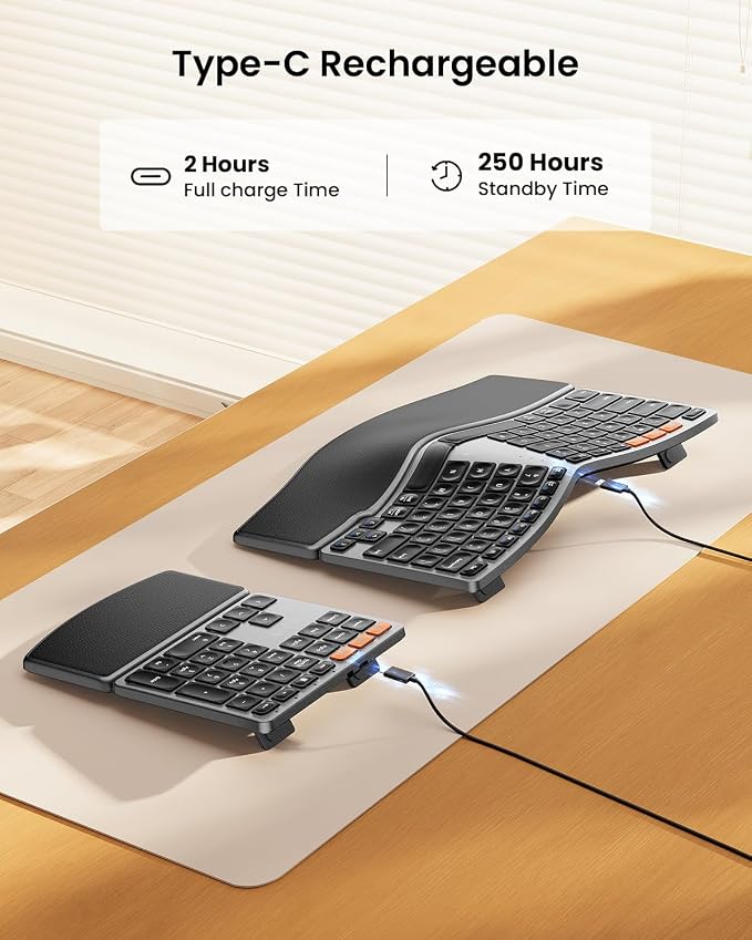 ProtoArc Wireless Ergonomic Keyboard with Separate Number Pad - Space Gray | 2.4G and Dual Bluetooth, Hard Palm Rest, Split Design, Rechargeable, Compatible with Windows, Mac - Image 6