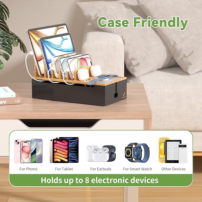 Pezin & Hulin Cord Organizer Box with 6 Wire Cables-Natural + Black | Surge Protector Organizer, Device Charger Station for Phones & Tablets, Wood Charging Dock , No Power Supply - Image 3