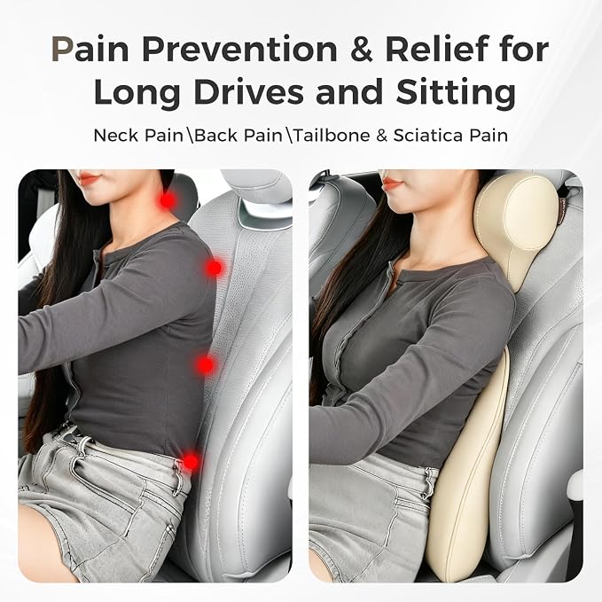 Coverado Lumbar Support Pillow for Car, Ergonomic Memory Foam Back Pillow for Office Chair, Back Cushion for Back Pain Relief, PU Leather Car Lumbar Support for Driving Seat - Beige - Image 6